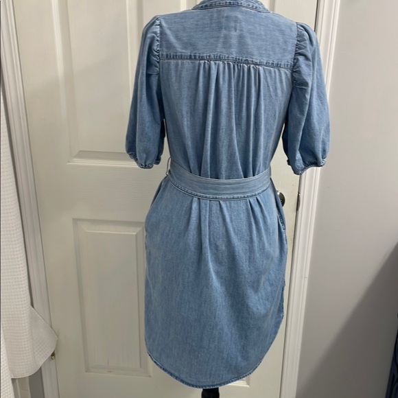 GAP Mini Dress Puff Sleeve Mock Neck Lt Wash Indigo Relaxed Fit Tie Belt Size S - Picture 8 of 13